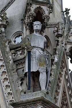 A statue of Simon de Montfort on the Haymarket Memorial Clock Tower in Leicester