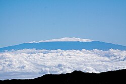Mauna Kea from the summit of Haleakalā on Maui, approximately 78 mi (126 km) away