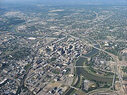 Aerial view of Downtown Dayton (NE to SW)