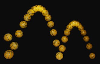 A bouncing ball photographed at 25 frames per second using a stroboscopic flash. In between bounces, the ball's height as a function of time is close to being a parabola, deviating from a parabolic arc because of air resistance, spin, and deformation into a non-spherical shape upon impact.