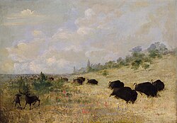 Elk and Buffalo Grazing among Prairie Flowers 1846–48, painted by George Catlin in Texas.