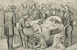 A depiction of Garfield on his deathbed