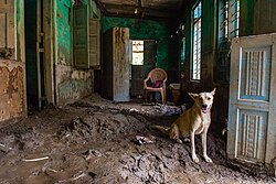 Mud was deposited in this house by flooding in the 2018 Kerala floods in India. Flooding not only creates water damage, but can also deposit large amounts of sediment.