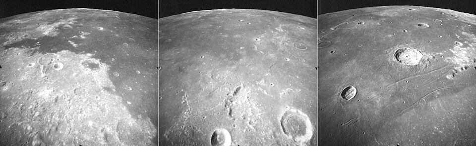 Three views of Mare Tranquillitatis, taken by the mapping camera of the 1972 Apollo 17 mission