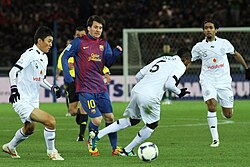 Messi's dribbling abilities allow him to weave past several defenders and orchestrate attacking plays.