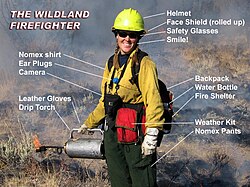 This image shows the standard gear of a wildland firefighter working on a prescribed burn. Not shown is a hand tool, such as a Pulaski.