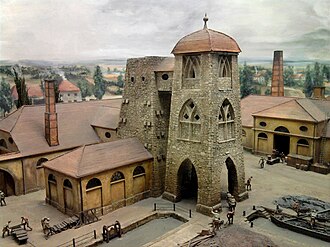The first coke blast furnace in Germany (1794-), depicted in a miniature in the Deutsches Museum