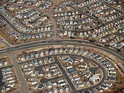 A suburban neighborhood of tract housing in Colorado Springs, Colorado; culs-de-sac are hallmarks of suburban planning.
