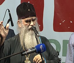Amfilohije giving a speech at the anti-government rally in October 2015.