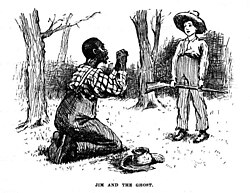 In this scene illustrated by E. W. Kemble, Jim has given Huck up for dead and when he reappears thinks he must be a ghost.