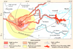A recent hazard map prepared for Nevado del Ruiz and vicinity, showing all of the major disaster zones affected by the eruption