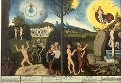 Law and Grace, a portrait by Lucas Cranach the Elder; the left side shows humans' condemnation under God's law and the right side presents God's grace in Christ.