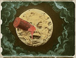 The Man in the Moon is struck by a spacecraft in the Georges Méliès 1902 fantasy film Le Voyage dans la Lune
