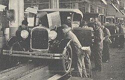 Ford Motor Company automobile assembly line in the 1920s