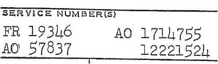 A collection of service numbers from a United States Air Force officer's service record. From left to right (top to bottom): A Regular Air Force officer number, an Army Air Forces Reserve officer number, a Regular Army (Air Corps) officer number, and a Regular Army enlisted number.
