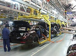 A car being assembled in a factory