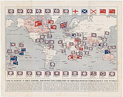 By displaying oversized flags of British possessions, this map artificially increases the apparent influence and presence of the British Empire.
