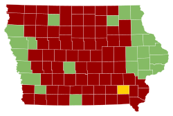 Election results by county. Red for Mike Huckabee, Green for Mitt Romney, Yellow for Ron Paul.