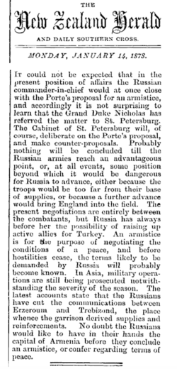 New Zealand Herald and Daily Southern Cross excerpt regarding the Russo-Turkish War (1877–1878), 14 January 1878