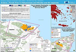 Map of the areas affected by fire in Achaia and Rhodes