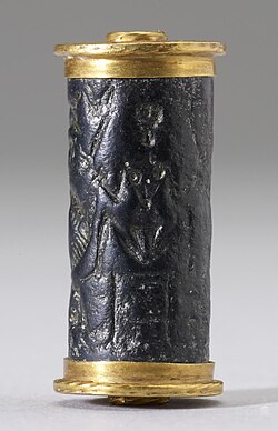 This cylinder seal from Cyprus shows two nude female figures. Each holds a flower, a symbol of fertility.[11] The Walters Art Museum.