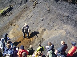 Geologist explaining the importance of volcanic ash layers to students on field in Iceland