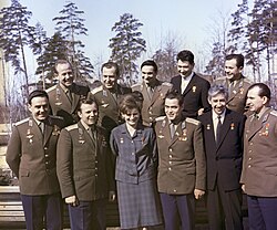 The first eleven Soviet cosmonauts to fly, July 1965. Back row, left to right: Leonov, Titov, Bykovsky, Yegorov, Popovich; front row: Komarov, Gagarin, Tereshkova, Nikolayev, Feoktistov, Belyayev.