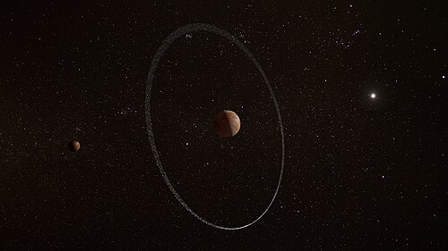 Artist's impression of Quaoar with its outer ring and its moon Weywot