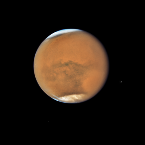 Mars at its 2018 opposition, with its atmosphere clouded by a global dust storm that snuffed out the solar-powered Opportunity rover