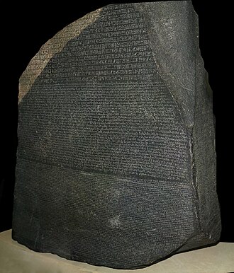 The Rosetta Stone (196 BC) bears writing in three different scripts. Hieroglyphs (top) and Demotic (middle) record the same text in the Egyptian language, while an equivalent passage in Greek uses the Greek alphabet (bottom). These correspondences were key to the decipherment of Egyptian hieroglyphs in the early 19th century.