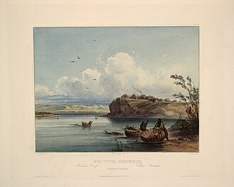 "Mih-Tutta-Hangkusch, a Mandan village": aquatint by Karl Bodmer from the book Maximilian, Prince of Wied's Travels in the Interior of North America, during the years 1832–1834. The name of the village is usually spelled "Mitutanka" now. Located on the west bank of the Missouri River, it was burned by Yankton Sioux Indians in 1839.