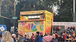 The NBC broadcast booth at the 2023 Rose Parade.