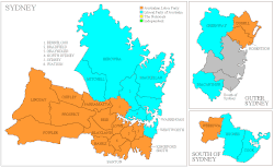 Electoral divisions in the Sydney area in 2007, drawn by the politically independent Australian Electoral Commission