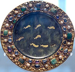 Paten dish of serpentine with inlaid gold fish, 1st century BC to 1st century AD, with 9th-century mounts