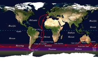 The clipper route followed by ships sailing between the United Kingdom and Australia/ New Zealand passed around Cape Horn
