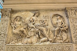 A common mixture of high and low relief, in the Roman Ara Pacis, placed to be seen from below. Low relief background.