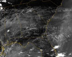 MODIS tracking of contrails generated by air traffic over the southeastern United States on 29 January 2004.