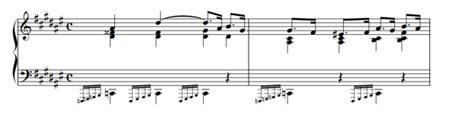 Measures 14 and 15 of the F♯ major section of L.M. Gottschalk's Grande Fantaisie Triomphale sur L'hymne National Brésilien. The third beat of measure 15 has a chord containing A♯, B, C, and C♯.