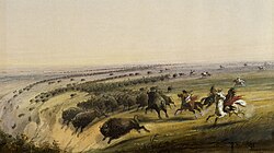 This painting by Alfred Jacob Miller is a portrayal of Plains Indians chasing buffalo over a small cliff.[49] The Walters Art Museum.