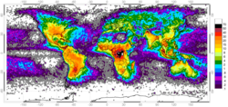 Data obtained from April 1995 to February 2003 from NASA's Optical Transient Detector depicting space-based sensors revealing the uneven distribution of worldwide lightning strikes