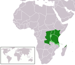 Geographic extent of Swahili. Dark green: native range. Medium green: official use. Light green: bilingual use but not official.