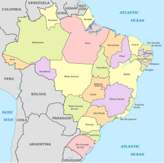 A map of the Federative Republic of Brazil, showing its twenty-six constituent states and the Federal District