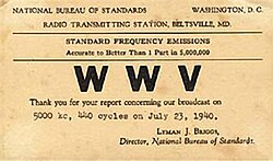 A 1940 QSL card for WWV, indicating its early location in the U.S. state of Maryland