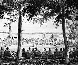 Pawnees in a parley with Major Long's expedition at Engineer Cantonment, near Council Bluffs, Iowa, in October 1819