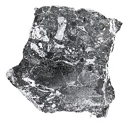 Silicified and mineralized breccia. Light gray is mostly dolomite with a little translucent quartz. Dark gray is jasperoid and ore minerals. Veinlet along lower edge of specimen contains sphalerite in carbonates. Pend Oreille mine, Pend Oreille County, Washington