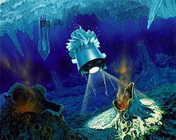 Artist's concept of the cryobot and its deployed "hydrobot" submersible
