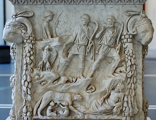 Relief panel from an altar to Venus and Mars depicting Romulus and Remus suckling the she-wolf, and gods representing Roman topography such as the Tiber and Palatine Hill