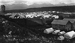 The tent city (called "The White City" in the handwritten caption) in Ship Creek, photographed by Alberta Pyatt on July 1, 1915.