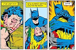 The scene from Batman #428 (1988), in which Batman discovers that Jason Todd is dead