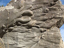 Flute casts, a type of sole marking on the base of a vertical layer of Triassic sandstone in Spain
